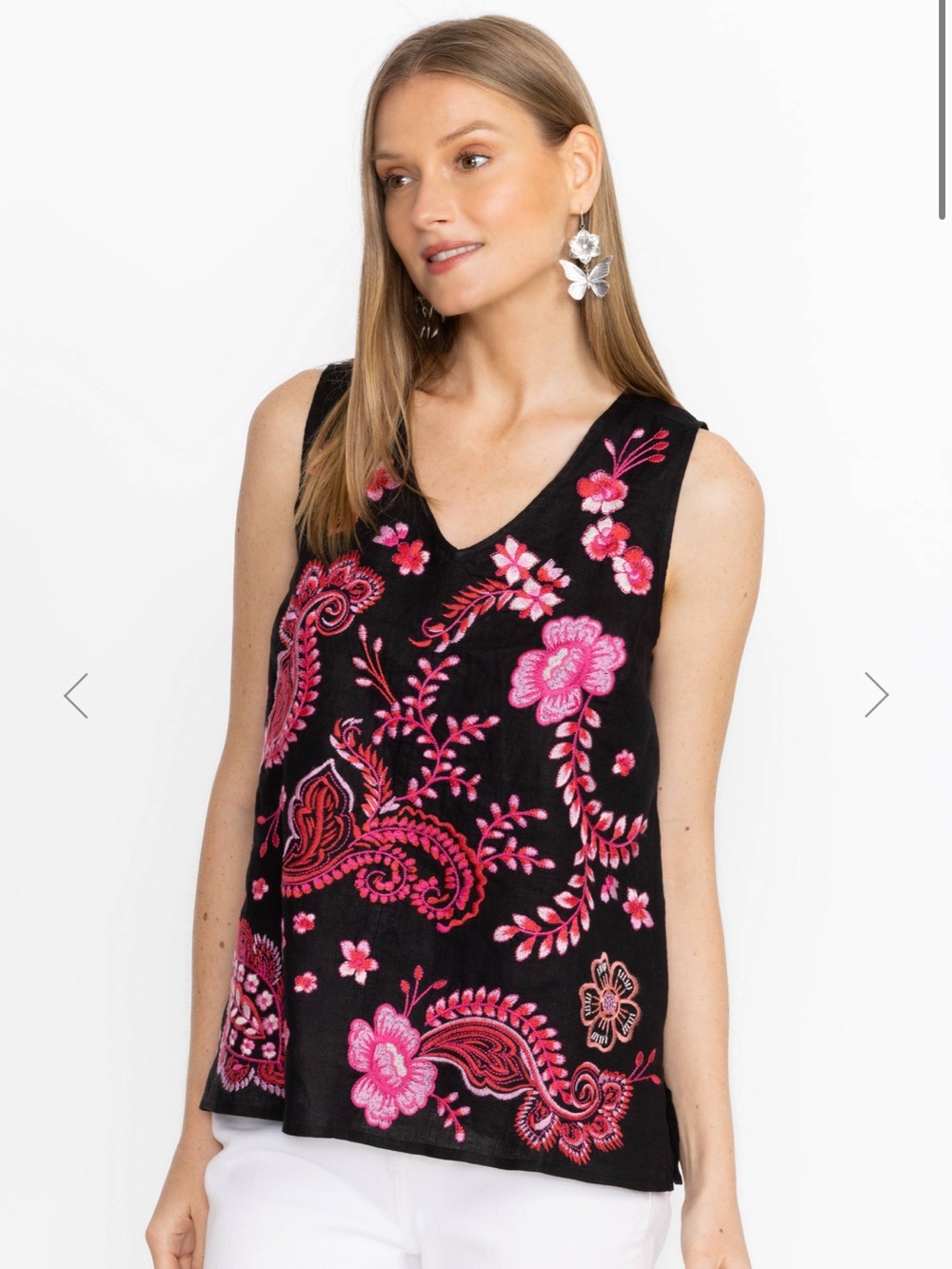 Johnny Was Button Back Linen Tank with Pink & Red Floral Embroidery - Cassia